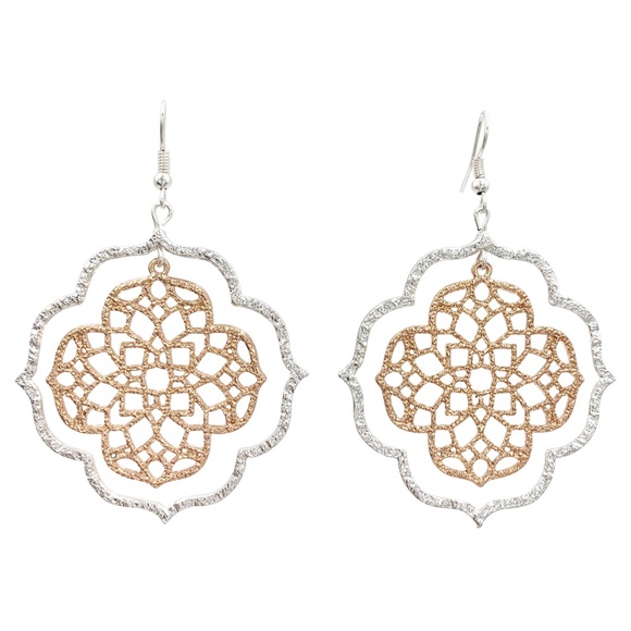 Fashion Jewelry Jewelry - Copper & Silver Tone Filigree Quatrefoil Disk Dangle Earrings
